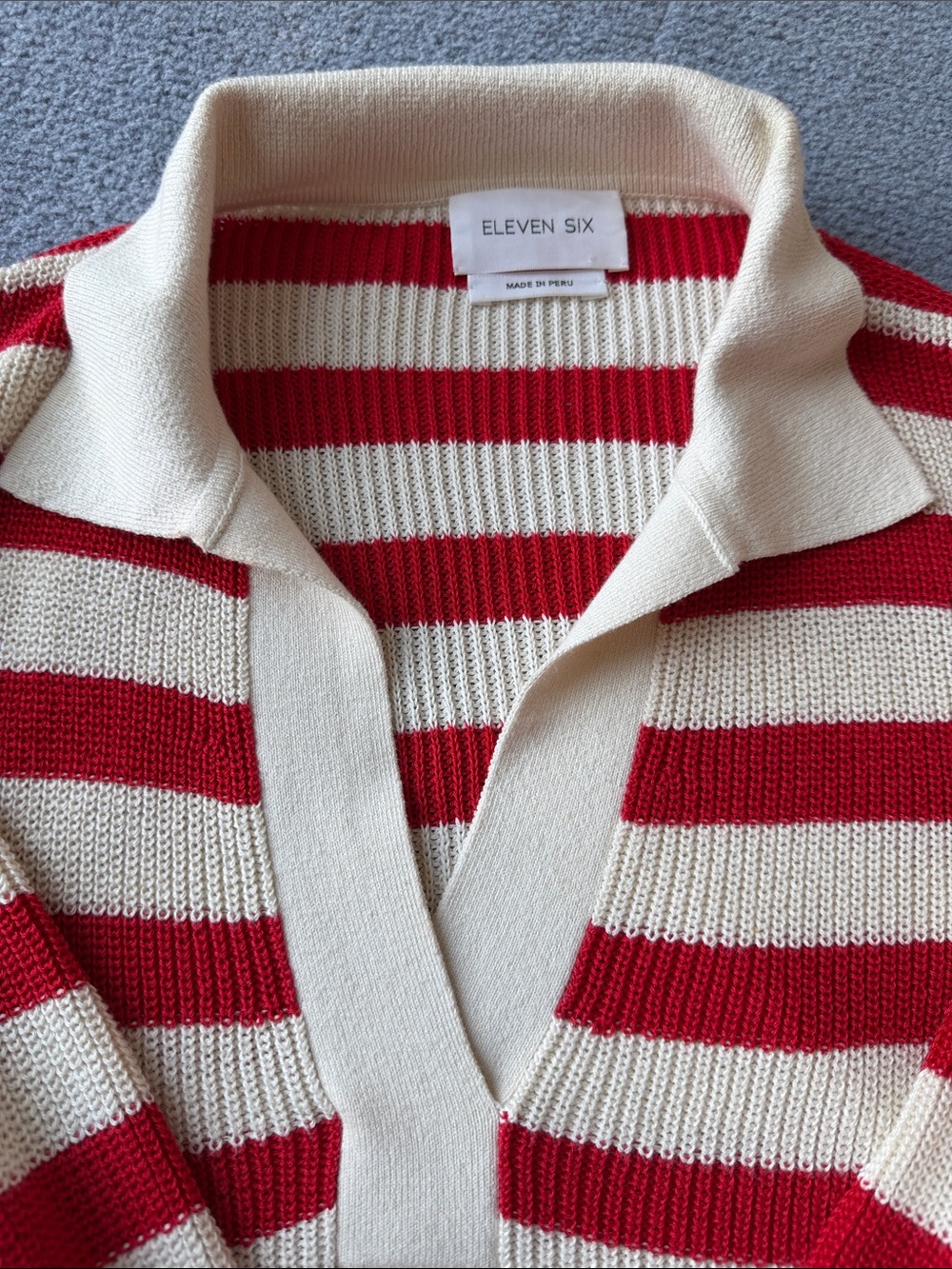 ELEVEN SIX Red & Cream Striped V-Neck Polo Sweater - Picture 4 of 7